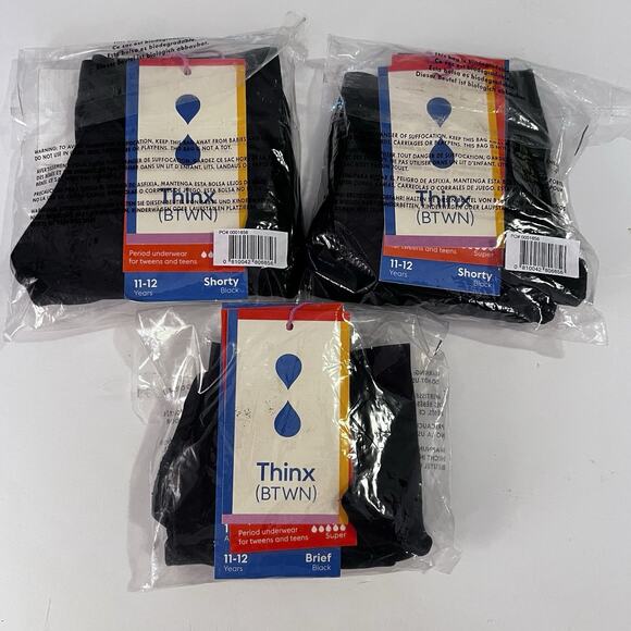Thinx BTWN Period Underwear 11-12Y Black New NWT Set of 3 Pairs Shorty & Brief - Picture 1 of 10